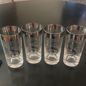 Set of 4 MCM Clear Highball Dorothy Thorpe Glasses with Silver Rim MONOGRAM S